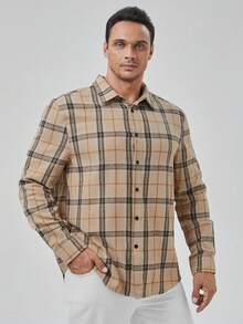 GENTILAND Men Plus Plaid Print Shirt - Khaki - View 4