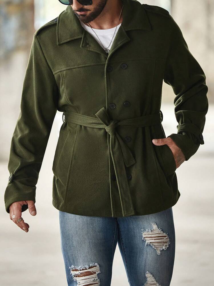 Men Double Breasted Belted Overcoat