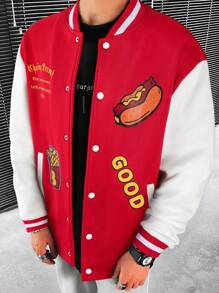 Manfinity Hypemode Herren Baseball Jacke Mit Hot Dog Und Pommes Frites Druck Und Kontrast Farbe - Lockere Passform - Rot-Weiß - Übersicht 1