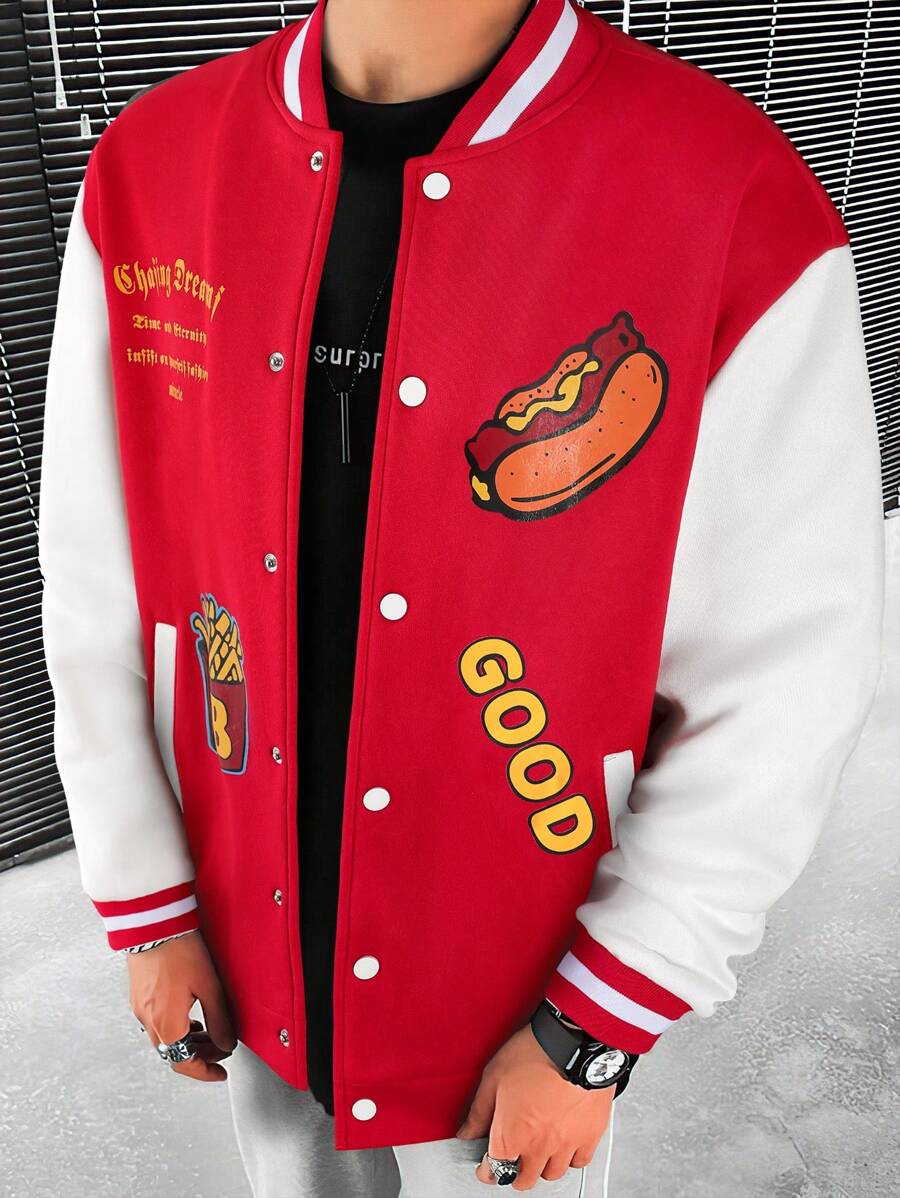Manfinity Hypemode Herren Baseball Jacke Mit Hot Dog Und Pommes Frites Druck Und Kontrast Farbe - Lockere Passform - Rot-Weiß - Übersicht 1