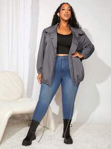 SHEIN CURVE+ Plus Solid Drawstring Hem Jacket - Black - View 3