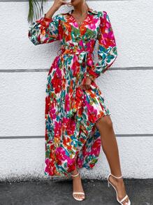 SHEIN VCAY Allover Floral Print Lantern Sleeve Belted Dress - Red - View 2