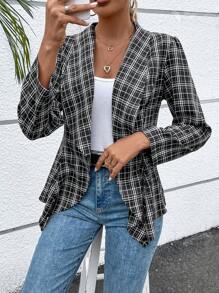 SHEIN LUNE Plaid Print Waterfall Collar Open Front Coat - Black - View 3