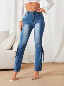 SHEIN Privé Lace Up Side Flare Leg Jeans - Medium Wash - View 1