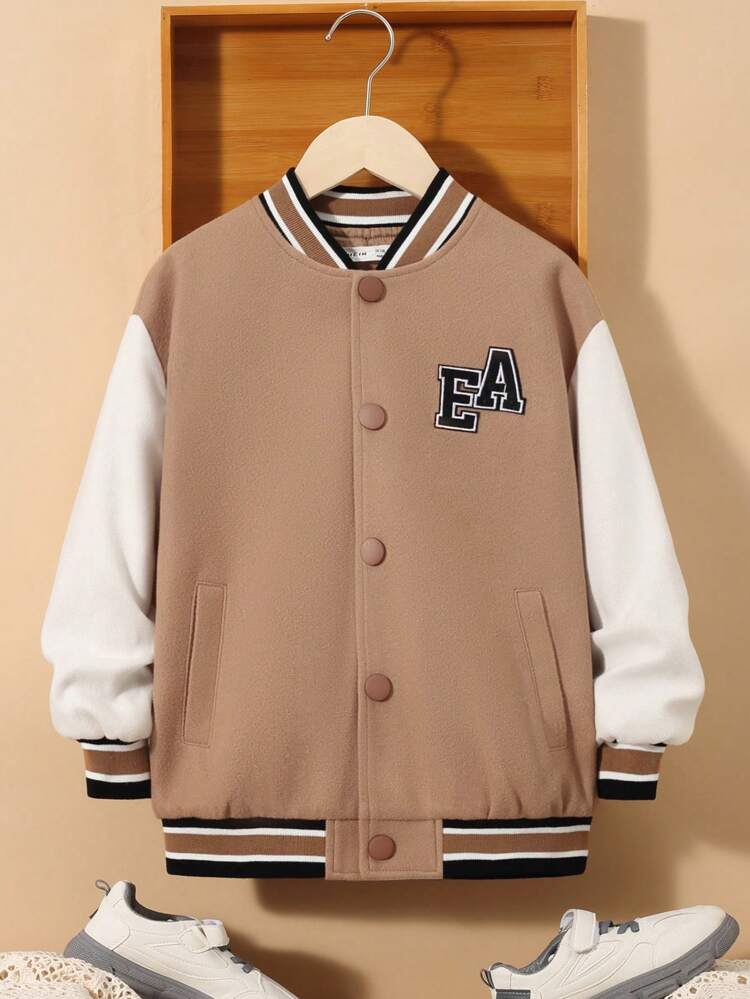 Tween Boy Letter Patched Striped Trim Drop Shoulder Overcoat