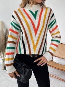 SHEIN Unity Mô hình Chevron Thả vai Áo len - trắng - Xem 4