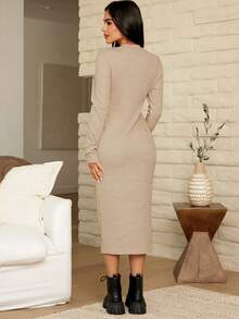 SHEIN Maternity Mock Neck Nursing Dress - Camel - View 2