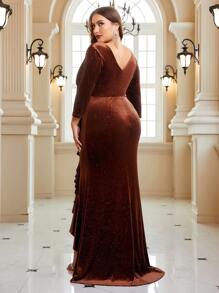 SHEIN Belle Burgundy Red Plus Ruffle Trim Glitter Bridesmaid Dress - Burgundy - View 4