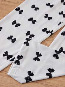 Tween Girls' 3d Bow Print Pajama Set With Bowknot Detail - Black and White - View 5