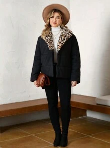 SHEIN LUNE Plus Leopard Print Borg Collar Padded Coat - Black - View 4