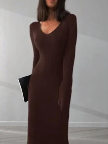 RueChic Solid V Neck Sweater Dress - Brown - View 3