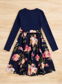 Tween Girl Knitted Round Neck Floral Jacquard Splicing Dress - Royal Blue - View 2