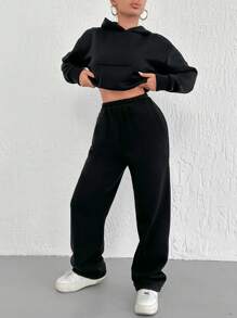 SHEIN Cottnline Solid Drop Shoulder Hoodie & Sweatpants - Black - View 5