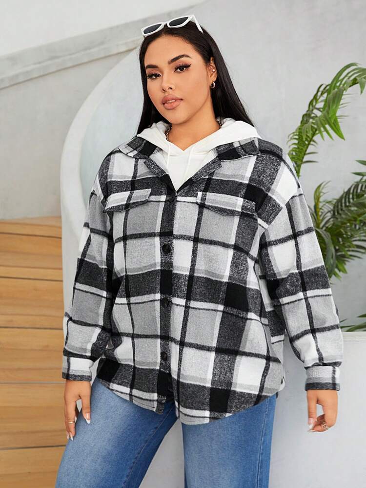 Women's Black & White Plaid Woolen Coat
