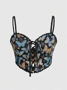 ROMWE Fairycore Butterfly Print Lace Up Front Cami Top - Multicolor - View 1