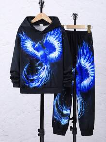 SHEIN 男大童鳳凰印花連帽衫和運動褲 - 黑色 - 查看 1