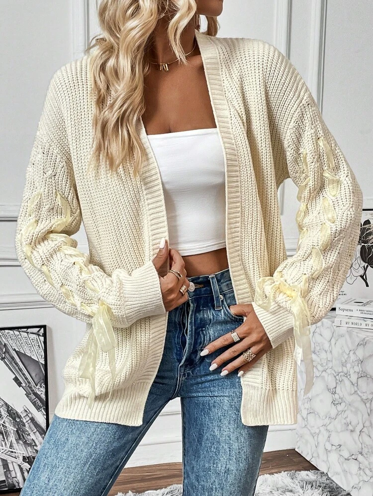 Lace Up Drop Shoulder Duster Cardigan Fall Cloth For Women