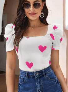 SHEIN Privé In Trái tim Ống tay áo Áo thun - Màu Hồng Tươi - Xem 1