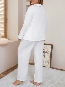 Talla grande Conjunto de pijama ribete en contraste - Blanco - Ver 2