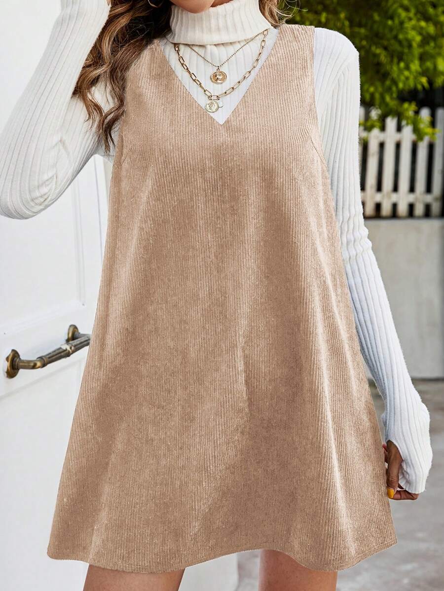 SHEIN Frenchy Chất rắn Vải to sợi Đầm Tổng thể Không có áo len - Màu Khaki - Xem 1