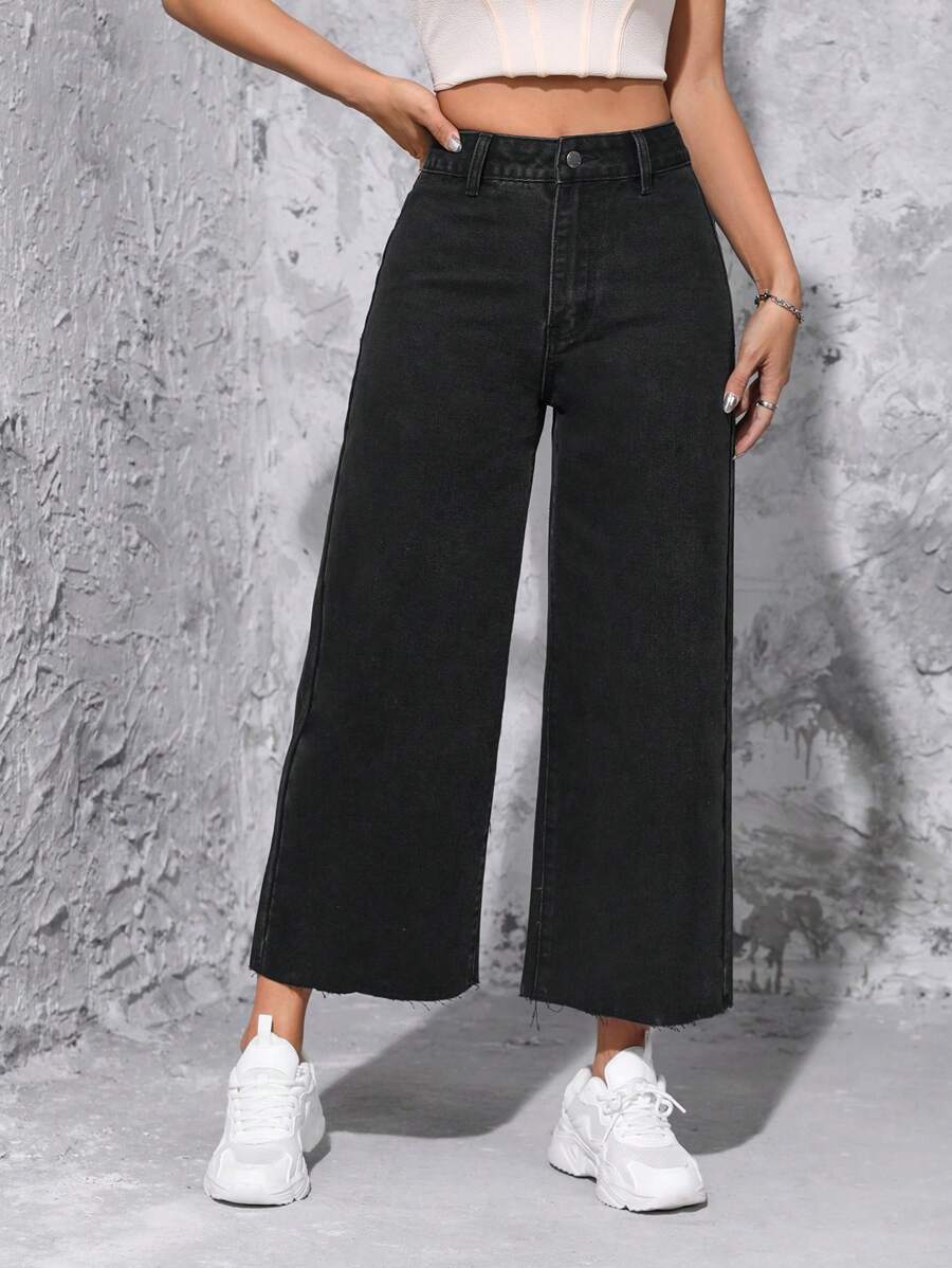 SHEIN PETITE High Waist Wide Leg Cropped Jeans - Black - View 1