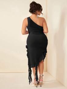 SHEIN SXY Plus One Shoulder Drawstring Ruched Asymmetrical Hem Dress - Black - View 2