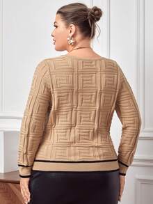 SHEIN Privé Plus Button Front Contrast Trim Sweater - Khaki - View 2