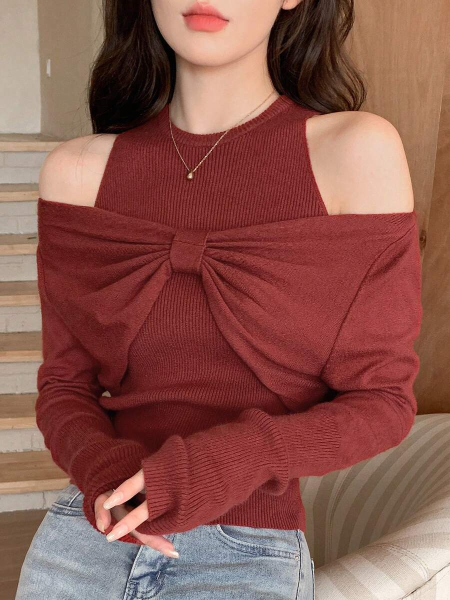 DAZY Chất rắn Đan Xương sườn Áo & Shrug Top - Đỏ - Xem 1