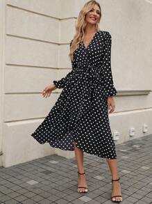 SHEIN Clasi In vết tròn Polka Tay áo lồng đèn Váy có thắt lưng - Đen và trắng - Xem 6