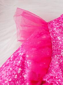 SHEIN Baby Girl Letter Graphic Ruffle Trim Mesh Overlay Dress - Hot Pink - View 4