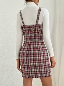 SHEIN Essnce Plaid Print Overall Dress Without Sweater - Burgundy - View 2