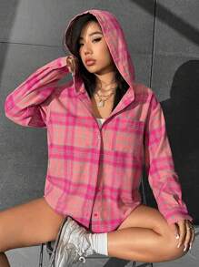 SHEIN EZwear Áo sơ mi trùm đầu in họa tiết kẻ caro thả vai, áo dài tay - Hồng - Xem 6
