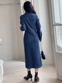 DAZY Chi tiết về Flap Nút phía trước Đầm Denim Không có thắt lưng - Màu xanh lam - Xem 2