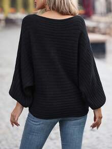 SHEIN LUNE Jersey unicolor de manga murciélago tejido de canalé - Negro - Ver 2