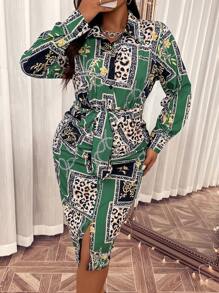 SHEIN Clasi Hơn In Da báo & Dây chuyền Thắt lưng Váy sơ mi - Nhiều màu - Xem 1