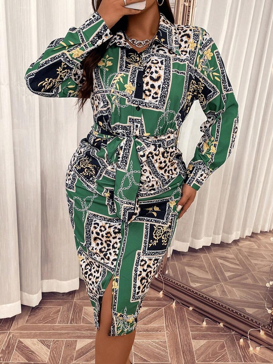 SHEIN Clasi Hơn In Da báo & Dây chuyền Thắt lưng Váy sơ mi - Nhiều màu - Xem 1