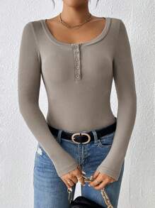 SHEIN PETITE Nút Nửa Đồ đan Ribbed Áo thun - Xám - Xem 4