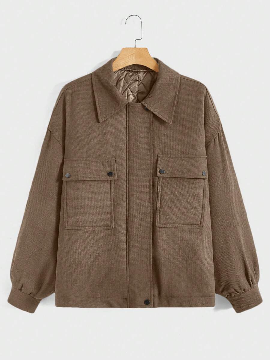 Manfinity Homme 超大号男式翻盖口袋落肩衬垫大衣 - 卡其色 - 查看 1