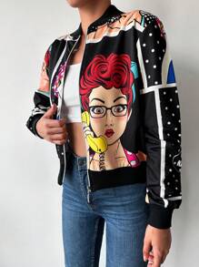 RueChic Figure Graphic Zip Up Bomber Jacket - Multicolor - View 3