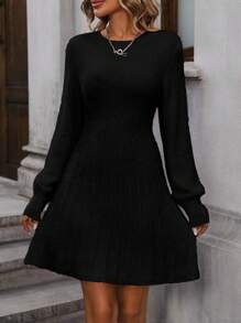 Chiquease Solid Ribbed Knit Sweater Dress - Black - View 5