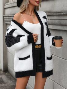 SHEIN Frenchy Graphic Pattern Drop Shoulder Fuzzy Duster Cardigan - Black - View 4