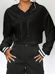 Sọc trang trí Thả vai Dây rút áo có mũ Áo len crop - màu đen - Xem 7
