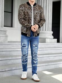 GENTILAND Chaqueta bomber de hombre de corte holgado con estampado de leopardo y cremallera - Multicolor - Ver 4