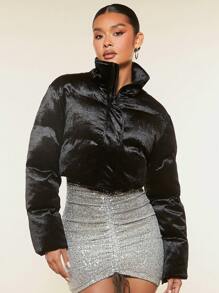 SHEIN BAE 拉链短款天鹅绒填充大衣 - 黑色 - 查看 5