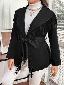 SHEIN Clasi 大碼流蘇邊大翻領腰帶外套 - 黑色 - 查看 5