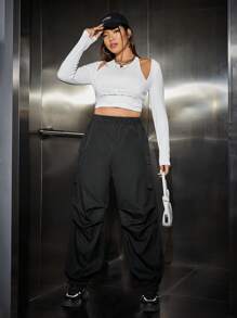 SHEIN Coolane Plus Flap Pocket Side Cargo Pants - Black - View 5