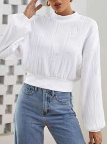 SHEIN Essnce 小高領落肩袖短款運動衫 - 白色 - 查看 2