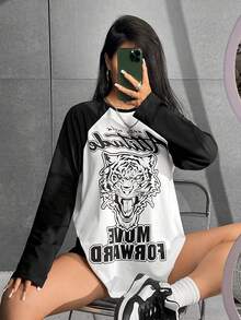 SHEIN Coolane Camiseta con estampado de tigre y slogan de manga raglán - Albaricoque - Ver 6