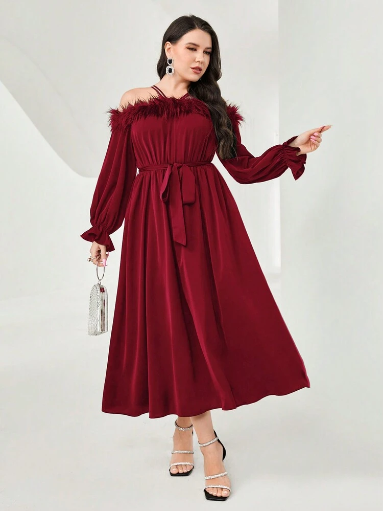 Burgundy Red Plus Off Shoulder Flounce Sleeve Belted Dress Long Evening Dresses