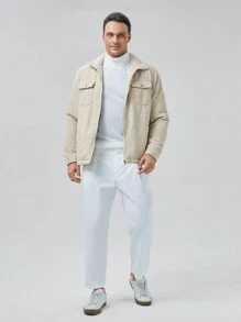 Manfinity VCAY Loose Fit Men's Plus Size Flap Pocket Zipper Jacket, For Fall Winter - Khaki - View 5